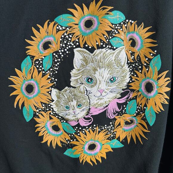 YS Studio Glittery cat and sunflower black pullover sweatshirt with collar - Picture 2 of 5